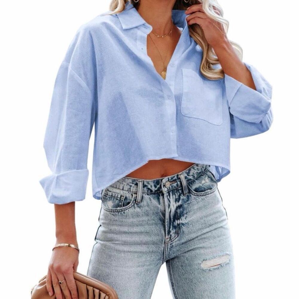 Women’s Cropped Blue Button Down Blouse